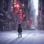 Placeholder: behind photo A young boy walking streets in tokyo, night, snow, post apocalyptic, destruct