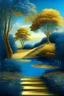 Placeholder: garden sky field trees river pools gold gold blue stairs