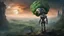 Placeholder: A moon that looks like a happy origin head broccoli above a landscape, a robot in a ragged dress looks up in the distance, fog, and intricate background HDR, 8k, epic colors, fantasy surrealism, in the style of gothic