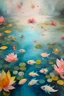 Placeholder: Painting of flower petals on the water and tiny fish underwater, birds eye view, soft colors