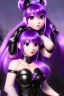 Placeholder: Detailed cute anime Kunoichi girl, purple hair buns, purple bangs, black latex bodysuit, intricate details, full body portrait, keep head in frame, slight smile, black Japanese motif, concept art, highly detailed, digital painting, concept art, sharp focus, illustration, art by Yoji Shinkawa, WLOP and greg rutkowski and alphonse mucha and artgerm and yanjun Chen and Junji ito and Makoto Shinkai, HDR, octane render