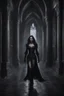 Placeholder: Photography Realistic Beautiful gothic woman walking at darkness palace follow behind surrounding werewolves