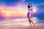 Placeholder: very nice real face beautiful sexy roman with make up at the beach standing pose in a short lace purple and silver dress, full body, 3D cloudy sky volumetric nice clouds 8k sharp focus,sunset,golden hour,medium shot