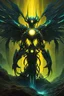 Placeholder: cosmic environment, rotten fallen archangel, ((yellow glowy eyes)), biomechanical, eerie, creepy, nightmarish, very bright colors, light particles, bioluminescence, Mschiffer, wallpaper art, UHD wallpaper