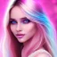 Placeholder: beautiful, soft, big smile face, whole head, long straight blonde hair blues eyes, crown on the head, clothing in transparent bluish and pink veil, background brillante bluish and pink, hight definition, 8K