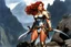 Placeholder: (in the style of Orion, by Masamune Shirow) (photo from a movie by Ray Harryhausen) YRed Sonja, tall, splendidly shaped,. From under a steel cap escaped rebellious tresses that rippled red gold in the sun over your compact shoulders. High boots of Cordovan leather came to your mid-thighs, which are cased in baggy breeches. She wears a shirt of fine Turkish chainmail. She has a dagger, and long Hungarian saber. Over all was carelessly thrown a scarlet cloak.