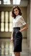 Placeholder: beautiful anorexic secretary, total shot, satin clothes, nylons, short brunette wavy bob hair, blurred concrete background