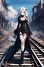 Placeholder: a captivating gothic anime girl, her ethereal beauty accentuated by porcelain skin and vibrant blue eyes. She stands firmly on a train track, legs wide apart, hands on hips, wearing a sleek black dress with lace details and a gun holstered on her thigh. Her flowing white hair billows in the wind as the smoky background portrays a chaotic scene of crumbling buildings and raging flames, emphasizing the imminent arrival of the train.