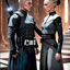 Placeholder: a bold and heroic bald male Corellian pilot in black and grey First Order special forces gear meets a female Jedi Master in ancient, mystical temple, hyperdetailed, dynamic lighting, hyperdetailed background, 8k resolution, volumetric lighting, light skin, fully symmetric details