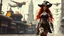 Placeholder: A photorealistic image of a red-haired, slender, witchy woman, winking and smiling, in a one-piece steampunk outfit with boots, walking through a futuristic city with flying machines.