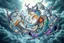Placeholder: Dynamic complex hypnotic fractal 3D structures twisting and morphing between organic and geometric forms, smooth translucent iridescent glass with inner glow and bubbles, varied transparent materials, stormy skies, intense dramatic