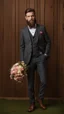 Placeholder: Man with medium beard in full suit holding a bouquet of flowers in a site environment in the background of a wooden wall