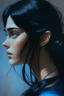 Placeholder: beautiful girl, black hair, blue eyes, side profile