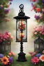 Placeholder: Generate an image featuring a striking French lantern atop a black pole, adorned with vibrant flowers. The lantern should embody the elegance of French design, with sleek lines and intricate details. It should be positioned prominently on the black pole, standing out against the background. Colorful flowers should surround the base of the pole and extend upwards, adding a burst of vibrancy to the scene. The background of the image should be a pristine white, providing a stark contrast to the dar