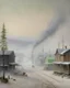 Placeholder: A silvered colored western town covered in smoke designed in Scandinavian folk art painted by Birge Harrison