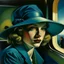 Placeholder: Portrait of a girl in turquoise hat on a train at sunset by Tamara Lempicka