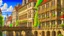 Placeholder: medieval buildings with balconies overhanging a river, blue sky and people, photorealism, trees, foliage, piers, intricate detail, ultra-sharp image, sharp focus