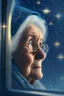 Placeholder: grandma elf , with background star field seen in the window of a boat, 4 k, trending art, depth of field