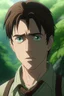 Placeholder: Attack on Titan screencap of a male with short, wavy brown hair and big brown eyes. jungle behind her. With studio art screencap.