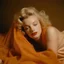 Placeholder: A photograph of marilyn monroe, eyes half closed, with bed hair, melancholy, no make up, in the style of milton greene, pale orange silk scarf around her shoulders,beige bacground