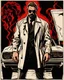 Placeholder: a young man with big muscles who looks like hans gruber wearing a trench coat and red sunglasses staring with an irritated look on his face standing in front of a large fire