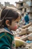 Placeholder: side view to palestinian little girl looking at her toy with tears and Destroyed buildings in the background