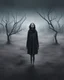 Placeholder: an expansive eerie digital illustration shows a stick thin woman her legs like 2 brittle branches(looking at at the viewer:1.5) and walking towards the camera, chilly dark mood, (bare midground:1.3). The model's expressionless face bears the weight of the extreme emotions she has endured to reach this point, her banishment means constructed from surreal-looking donuts, cakes, and crumbs