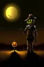 Placeholder: standing up scarecrow with pumpkin head, on a wide field with a lil mouse sitting in the moon glow.