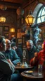Placeholder: Bosch painting style nightmare , 3D , people are smoking Hookah in a cafe with middle eastern decor on the background, high Quality picture , 8k