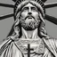 Placeholder: line toned, hedcut, wsj style, statue of cruicified Jesus of Liberty with a beard and wearing a cross and hanging from a cross, The statue male, hyperdetailed intricately detailed photoillustration ink drawing dystopian 8k resolution entire body of the statue is in the picture. digital illustration telephoto lens photography , same colors as the us treasury's one dollar bill, crucified"