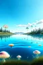 Placeholder: Landscape scene across a lake with mushrooms with jellyfish tentacles floating through a light blue clear sky