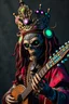 Placeholder: In this photograph, inspired by Tim Walker's style, an otherworldly figure takes the spotlight. This enigmatic being morphs into a Krofft Pufnstuff puppet voodoo cutie sitar player king, adorned with intricate details, bioluminescent features, and hints of cyborg elements.The composition blends Renaissance aesthetics, Alex Grey's detailed style, and Michael Cheval's playfulness, all with a surreal and pop art twist reminiscent of František Vobecký's work. This 8K image is an invitation into an u