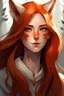 Placeholder: A female with long red hair, gold eyes, large fox ears, slight smile, pale skin, freckles