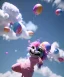 Placeholder: Ultra realistic clouds sky scene, wide angle, sweet childs falling down, inflatable color clothing, free jumping flying, many trinkets, monster hair, hair monster, many jelly beans, balls, smile, happy, circus style, extreme, wind, clouds sea, 20,000 feet altitude, stratosphere, soft color, highly detailed, unreal engine 5, ray tracing, RTX, lumen lighting, ultra detail, volumetric lighting, 3d, finely drawn, high definition, high resolution.