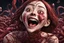 Placeholder: Woman with rare eyes,smiling meanwhile many worms streaming from his mouth, face distorted with pain, screaming, tears streaming, siting pose, fullbody, Junji Ito style, darkred tones,high detailed, 4k resolution, digital paiting, cute, art, no background 3d pixar disney the cinematic FKAA, TXAA, and RTX graphics technology employed for stunning detail.