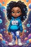 Placeholder: Create an colorful psychedelic comic book illustration of a chibi cartoon black female thick curvy wearing a cut of blue and white hoodie and white jeans and timberland boots. Prominent make up with long lashes and hazel eyes. Highly detailed shiny sister locs. Background of a large bubbles all around her