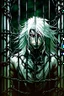 Placeholder: Wagnard Record of Lodoss War, oldschool, insane, ghost in the shell art style, in the art style of Record of Lodoss War, Dark Fantasy, dark knight, tied up in cage, male, white hair,