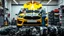 Placeholder: A car repair shop where two people in work clothes are repairing a yellow BMW M6 series with an eye-catching theme in a sophisticated and special repair shop where a collection of car engine parts is arranged on the floor at the bottom of the image.