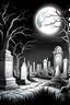 Placeholder: coloring page black and white of A haunted graveyard under the light of the full moon, with eerie mist swirling around ancient tombstones and ghostly apparitions emerging.