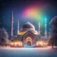 Placeholder: Hyper Realistic rainbow textured Mosque at beautiful snowfall night with decorative lights