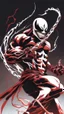 Placeholder: A close picture of Venom symbiote as ghost of Sparta red tattoos and Clothes, holding blade of choice