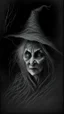 Placeholder: pencil drawing of old witch, Spooky, scary, halloween, black paper