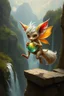 Placeholder: glorious transparent transcendent cute hairy gremlin elf fairy fox holding ball in chain on a balcony over waterfall, painted by Rembrandt