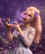 Placeholder: Ultra realistic wonderland photo, happy blonde woman smoking a shisha, blue dress, purple-cat friend, circus dress style, old school tattoo, smoke, marijuana garden, glow eyes, perfect iris, soft color, highly detailed, unreal engine 5, cinematic, ultra detail, volumetric lighting, high definition.