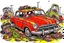 Placeholder: broken smoking oldtimer car in the wrecking yard, accident, traffic, psyco, borderlands, cartoon