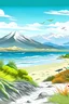 Placeholder: paisaje basado en la flora fauna argentina al borde de una playa con montañas nevadas de fondo en una tarde de verano