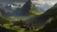 Placeholder: Mountainous landscape with a medieval town in the background, inspired by middle earth, photorealistic