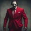 Placeholder: a sinister figure wearing a red suit with a red tie with no face and dirty hair