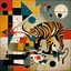 Placeholder: Abstract art, surreal fragmented tiger composition by JOan Miro and Victor Pasmore and Graham Sutherland and VS Gaitonde, primary sharp colors. precise colliding geometric shapes, asymmetry