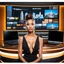 Placeholder: amodern tv studio a beautiful girl perfect face sitting next to desk in talk show looking at camera